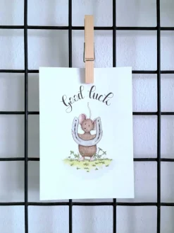 Anillustration Ansichtkaart Muis met hoefijzer good luck