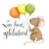 Anillustration Ansichtkaart Muis met drie ballonnen vast
